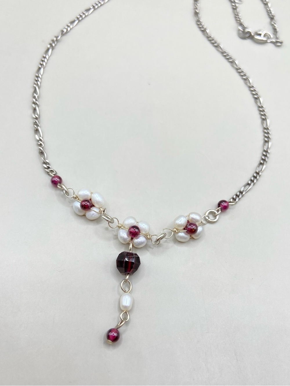 Vintage Sterling Silver Pearl Garnet Floral Drop Necklace - Picture 3 of 5
